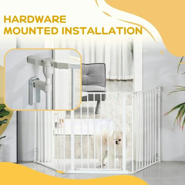 White metal pet safety gate with wall-mounted brackets and small dog inside