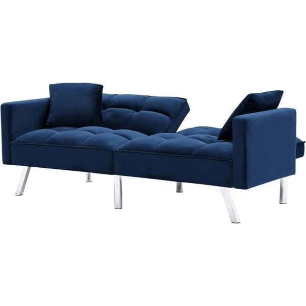 Kosy Koala Sofa Bed 2 Seater Blue Velvet Click Clack Sofa Settee Recliner Couch with Metal Legs 2 Pillows