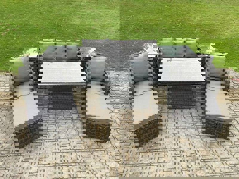 Fimous Outdoor Rattan Furniture Sofa Garden Dining Sets Height Adjustable Rising lifting Table and Chair Set With 2 Side Tables 2 Big Footstools