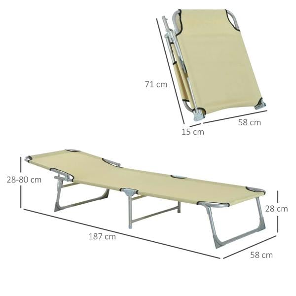 Beige folding sun lounger chair with adjustable backrest and shown height/length dimensions