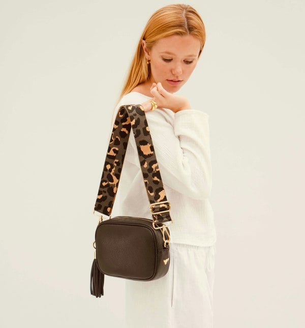 Apatchy London The Tassel Black Leather Crossbody Bag with Grey Leopard Strap