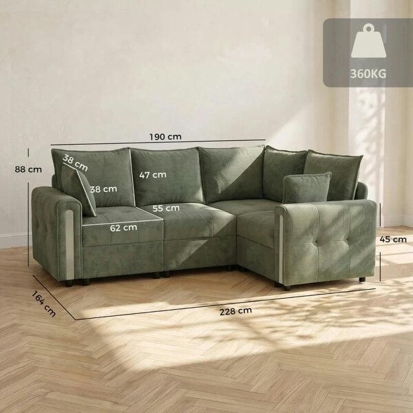 228cm L Shaped Sofa with Lift-Up Storage, 3-Seater Sectional Sofa with Wide Deep Seat, Dark Green