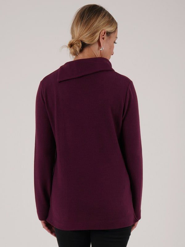 PennyPlain Button Split Cowl Neck Top - Wine