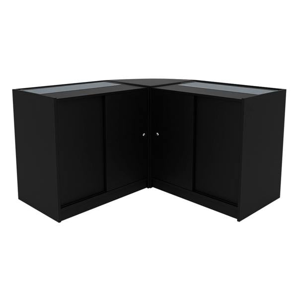Black Demeter LED shop counter set featuring sleek, modern design with glass display tops and spacious storage compartments