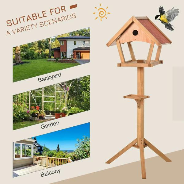 Wooden bird feeding station with sloped roof and tripod legs for outdoor use
