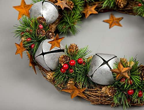 25cm Green Christmas Wreath with Bells, Stars, Pine Cones and Berries, PVC Decorative Door Wreath image 6