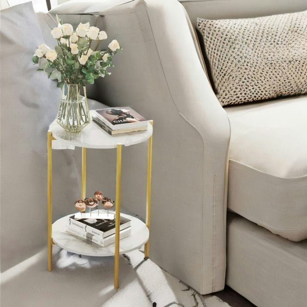 Rafaelo Mobilia 2 Tier Round Faux Marble Side Table With Metal Legs White
