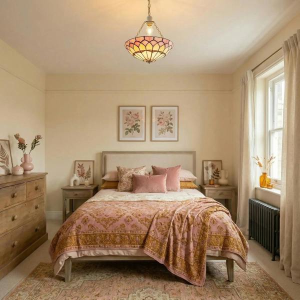 Pale Pink Stained Glass Domed Tiffany Pendant Light Shade with Chains Image 6