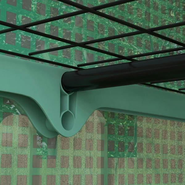 Green greenhouse frame corner with black crossbar and curved PE cover edge
