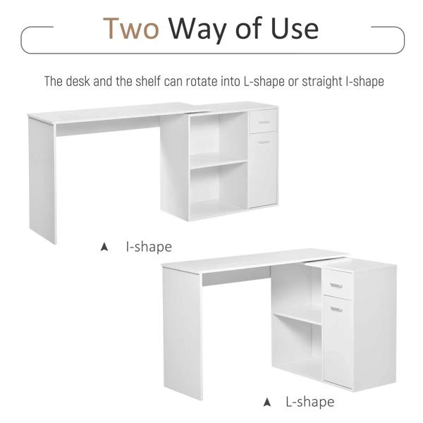 White corner desk system with rotating shelf to form L-shape or straight I-shape