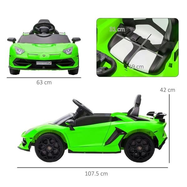 Lamborghini Aventador 12V kids electric car in bright green, side profile with dimensions