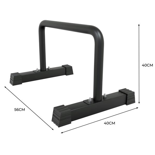 Sturdy black large parallettes with a matte finish, featuring rubber feet for stability and dimensions of 56cm length and 40cm height