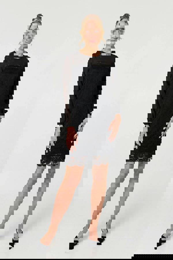 Black | Semi Sheer Lace Trim Short Dress : Model is 5'10"/178 cm and wears UK8/EU36/US4/AUS8   