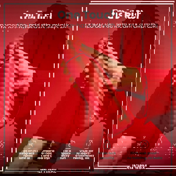 A red, slim thermal water bottle is being held; its flip top opens one-handed with a simple click; against a red background.