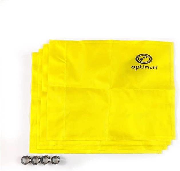 Four yellow Optimum corner flags with black logo and four metal eyelet clips on white - Optimum