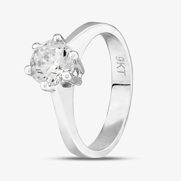 T. H. Baker 9ct White Gold Clear Crystal Six Claw Solitaire Ring MR4130W