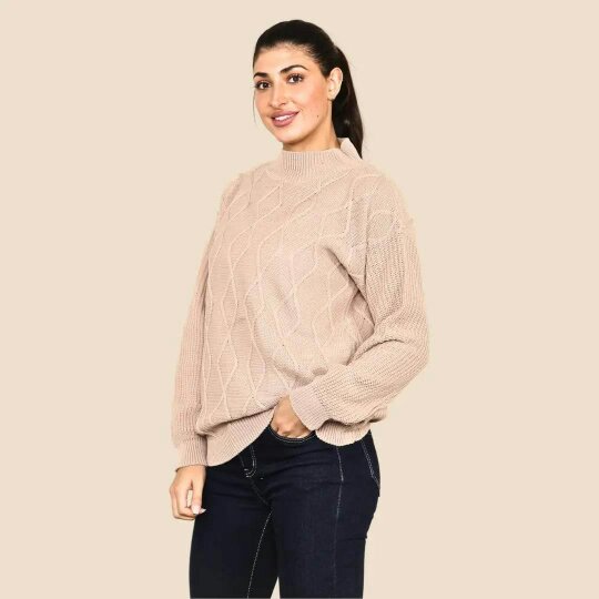 Elaina Fashion Women's Round Mock Neck Soft Chunky Cable Knitted Jumper 