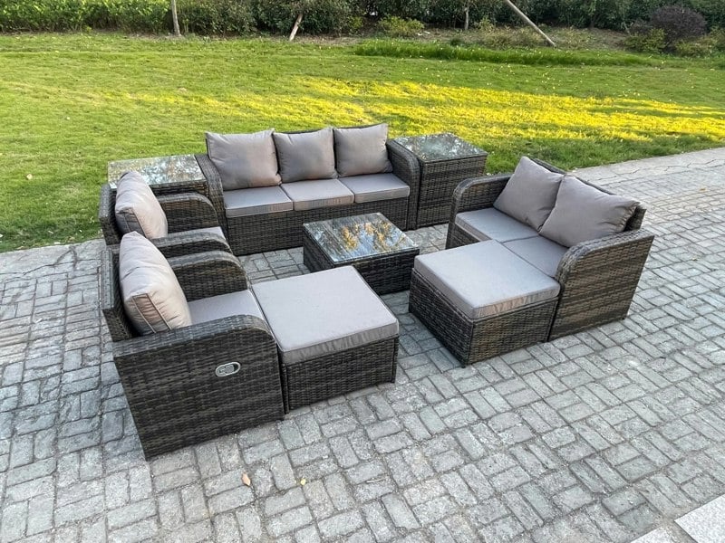 Fimous Rattan Garden Furniture 9 Piece Patio Set Table Sofa Chairs With 2 Big Footstool 2 Side Tables
