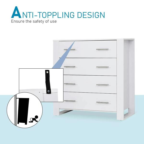 White 4-drawer cabinet with metal bar handles and anti-toppling safety bracket