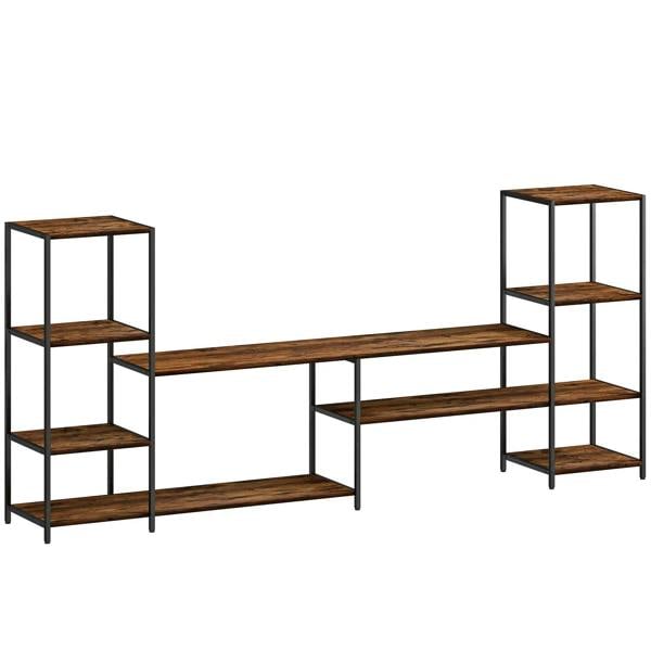 Industrial TV unit with rustic brown shelves and black metal frame, open storage.