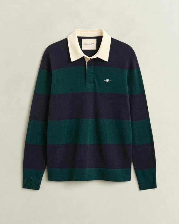 GANT Mens Barstripe Lambswool Rugger - 321 Dark Emerald | CHO | Designer Mens Long Sleeve Polo Shirts
