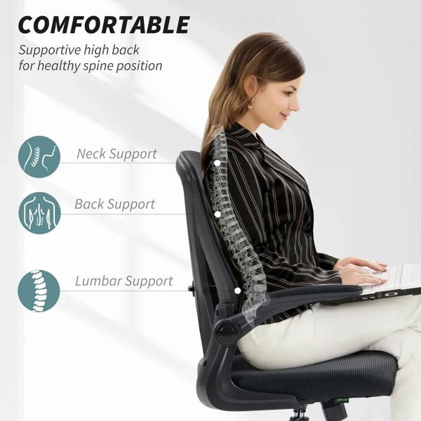 Black mesh back office chair with flip-up arms and supportive back panel