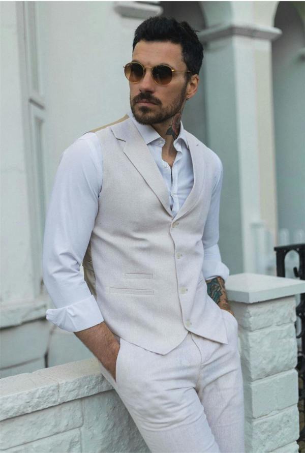 Infinity Leather Men's Summer 2 Piece Suit Linen Formal Cream Beige Waistcoat Trousers