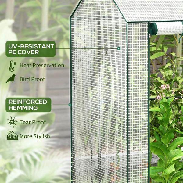 White PE mesh greenhouse cover on dark green frame with reinforced side seam