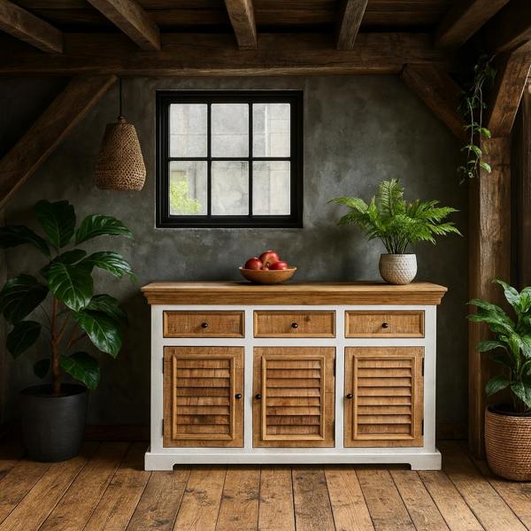 Wyld Haus Alington White and Natural Solid Wood Sideboard With 3 Drawers and 3 Doors