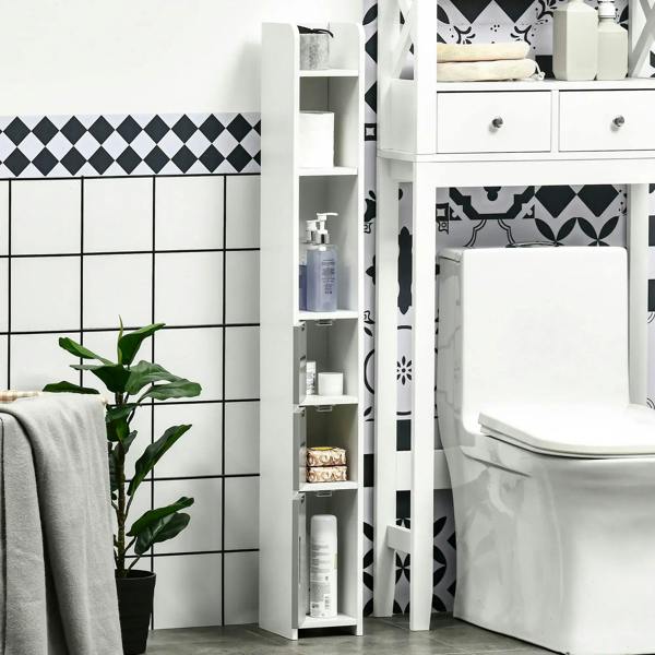White freestanding bathroom cabinet with open shelves, two drawers, and a narrow door