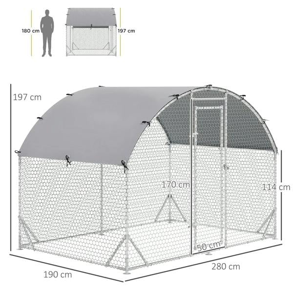 Chicken coop run with arched grey cover and mesh walls with height and width markers