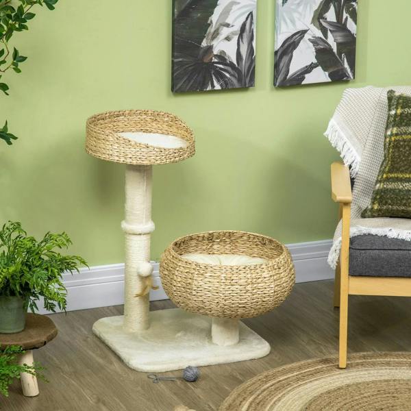 Beige cat tree with tall sisal post, two round woven beds, and hanging ball toy