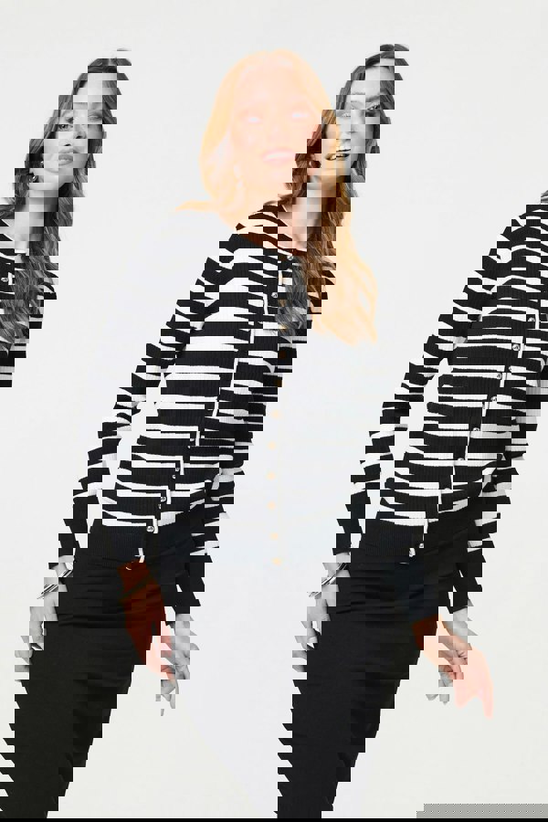 Black | Stripe Print Button-Up Knit Cardigan
