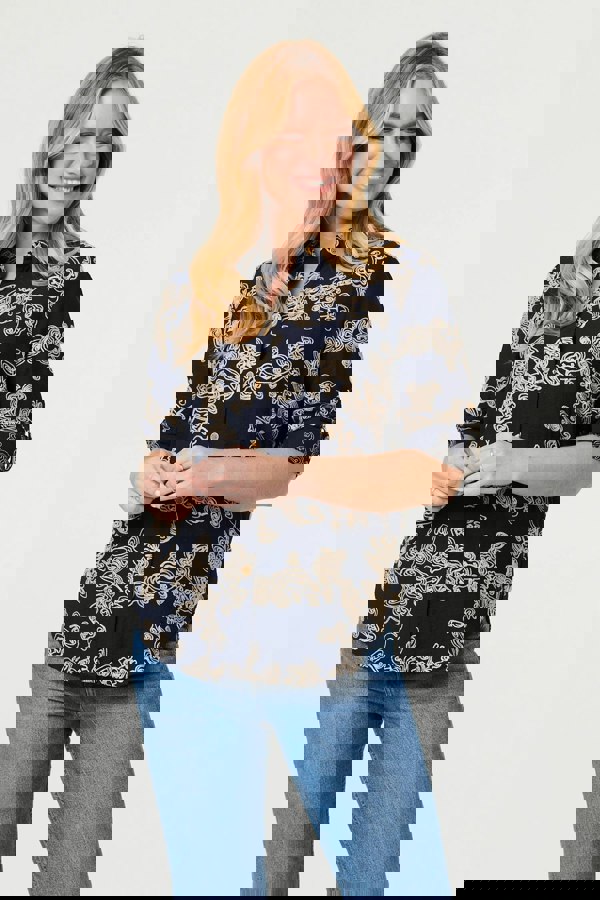 Navy | Floral Embroidered Long Sleeve Blouse
