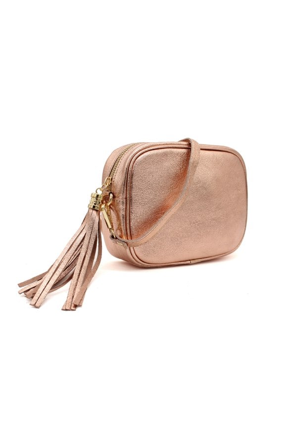 Pluspup Metallic Crossbody Bag with Zipper Closure and Tassel Detail