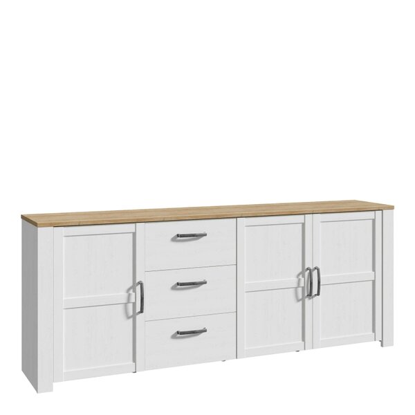 Wyld Haus Bramblecroft White and Natural Oak Wood Large Sideboard 3 Door 3 Drawer
