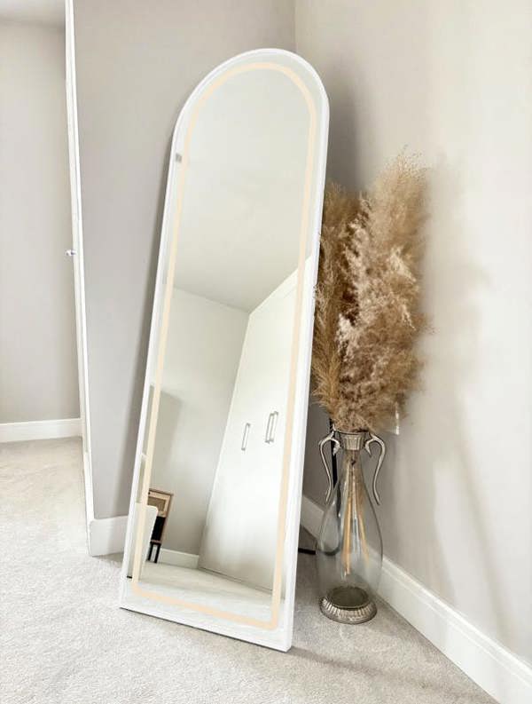Downton Interiors Stunning White Arched Metal Frame LED Wall or Floor Standing Dressing Mirror 145cm x 45cm - Soho Collection