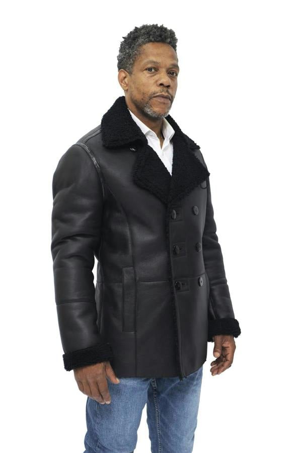 Infinity Leather Mens Double Breasted Shearling Sheepskin Pea Coat-Kington