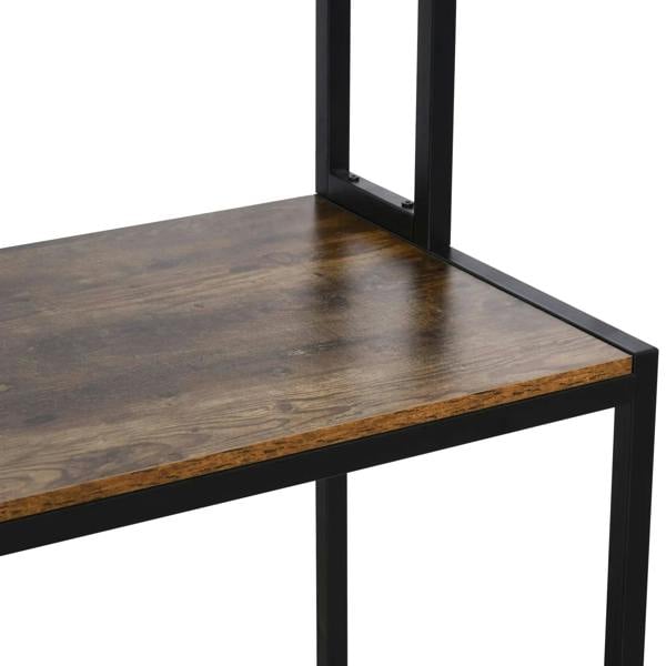 Brown wood-look desktop with black steel side frame, close-up of corner edge