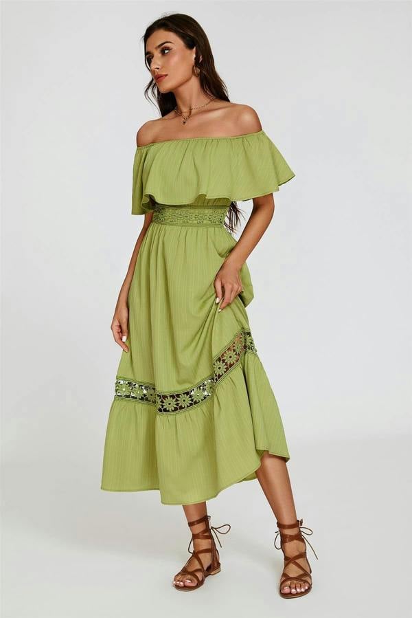 FS Collection Lace Detail Bardot Maxi Dress In Green