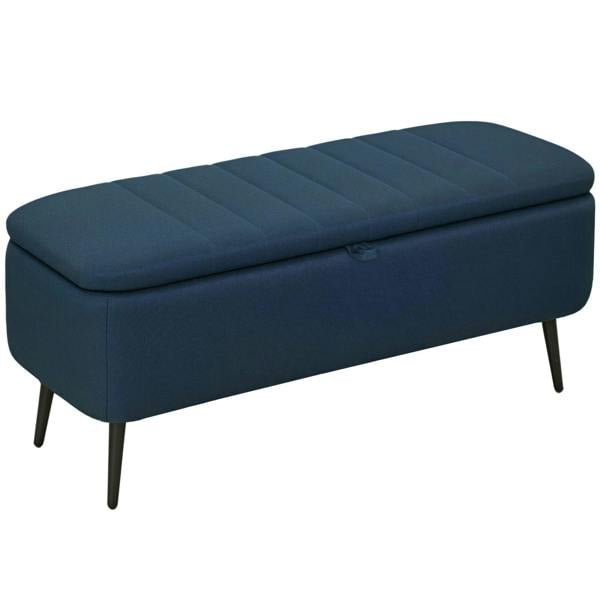Dark blue linen-look storage ottoman bench with tufted cushion top and tapered legs