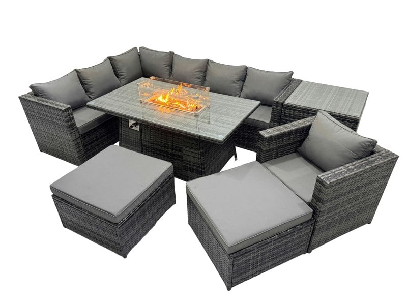 Fimous Rattan Garden Furniture Dining Set 9 seater Gas Fire Pit Dining Table Corner Sofa Set with 2 Big Stools Side Table Dark Grey Mixed