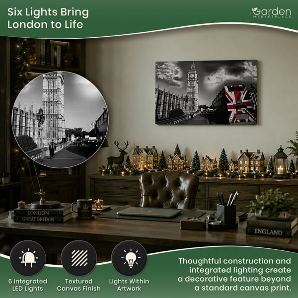 Big Ben & London Bus Scene Canvas Print with 6 LED Lights, Stretched on Wooden Frame, Battery Powered Wall Art, 60cm x 40cm