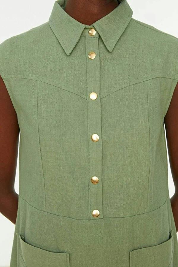 WOVCOR Straight Cut Shirt Collar Linen-Look Mini Woven Dress