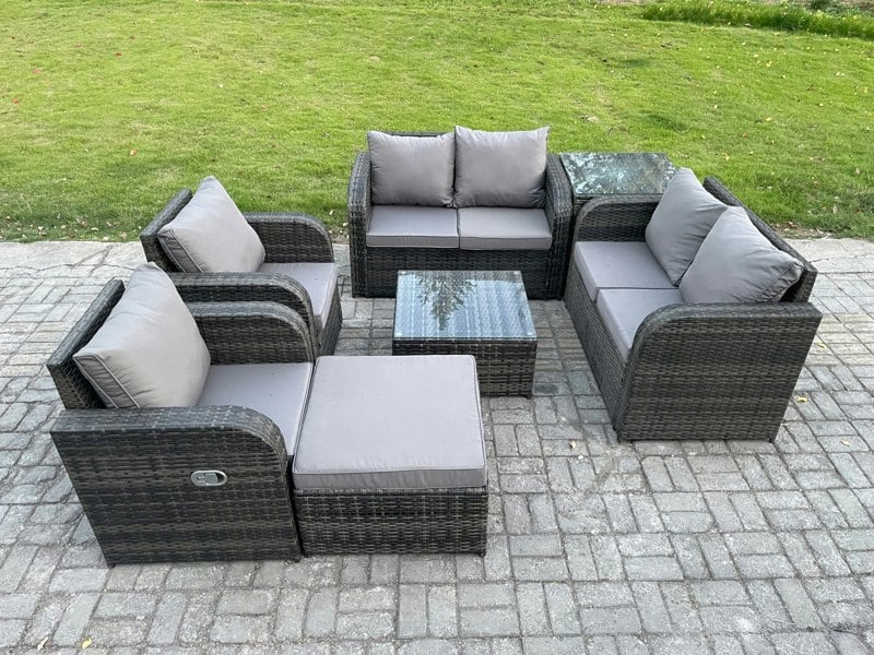 Fimous 7-Seater Rattan Garden Sofa Set - Dark Grey Mixed Outdoor Furniture with Square Coffee Table & Reclining Chairs