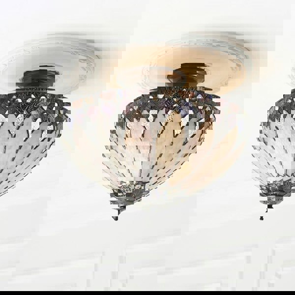 Tiffany Glass Semi Flush Ceiling Light Cream Bronze Round Inverted Shade i00158 Loops