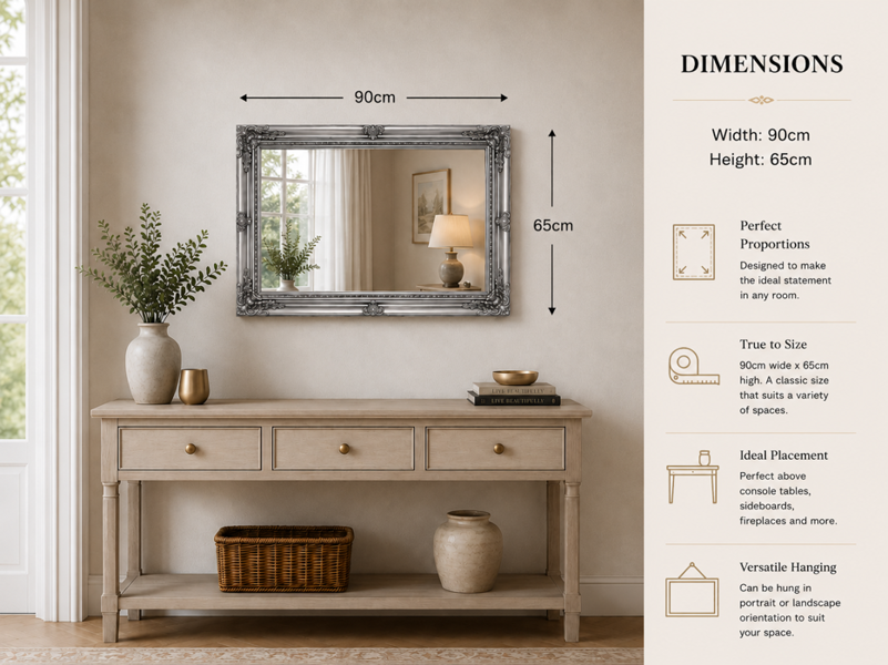 Downton Interiors Large Antique Silver Wood Frame Wall Mirror 90cm x 65cm