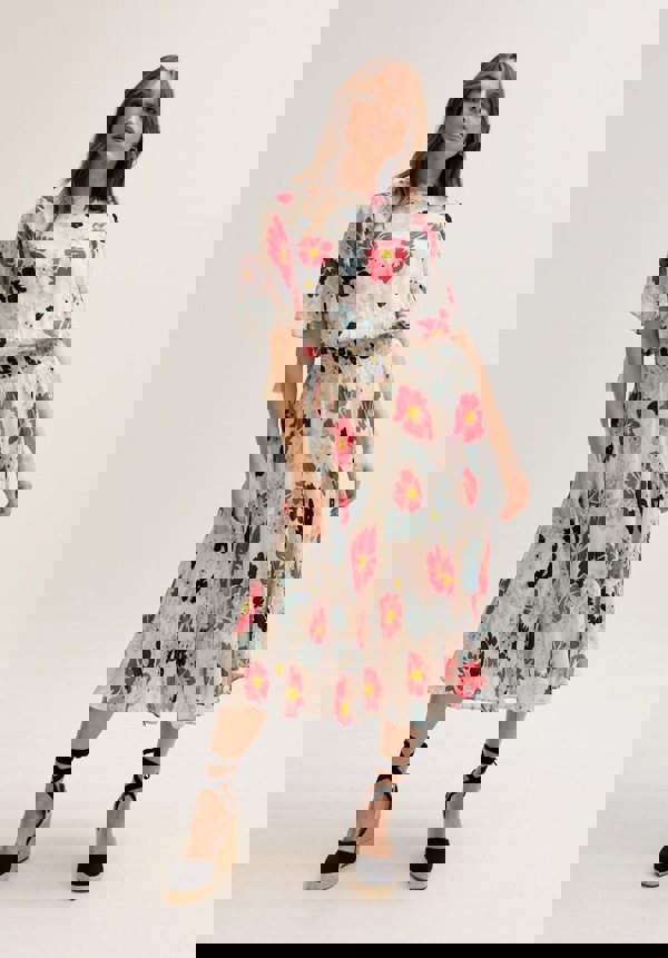Galaxy Cowl Neck Poppy Print Midi Dress In Multi
