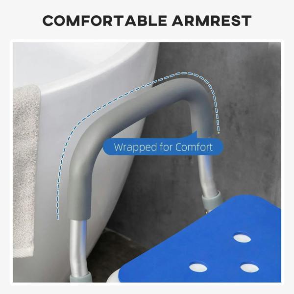 Comfort armrest on a blue padded shower chair with contoured gray handle