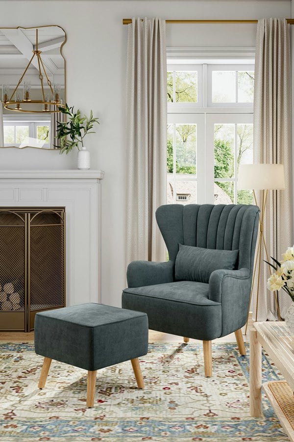 Living and Home Grey Brushed Fabric Stripe Curved Backrest Armchair with Footstool & Cushion